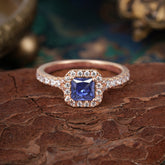Princess Cut Tanzanite Engagement Ring Halo Half Eternity Pave Band